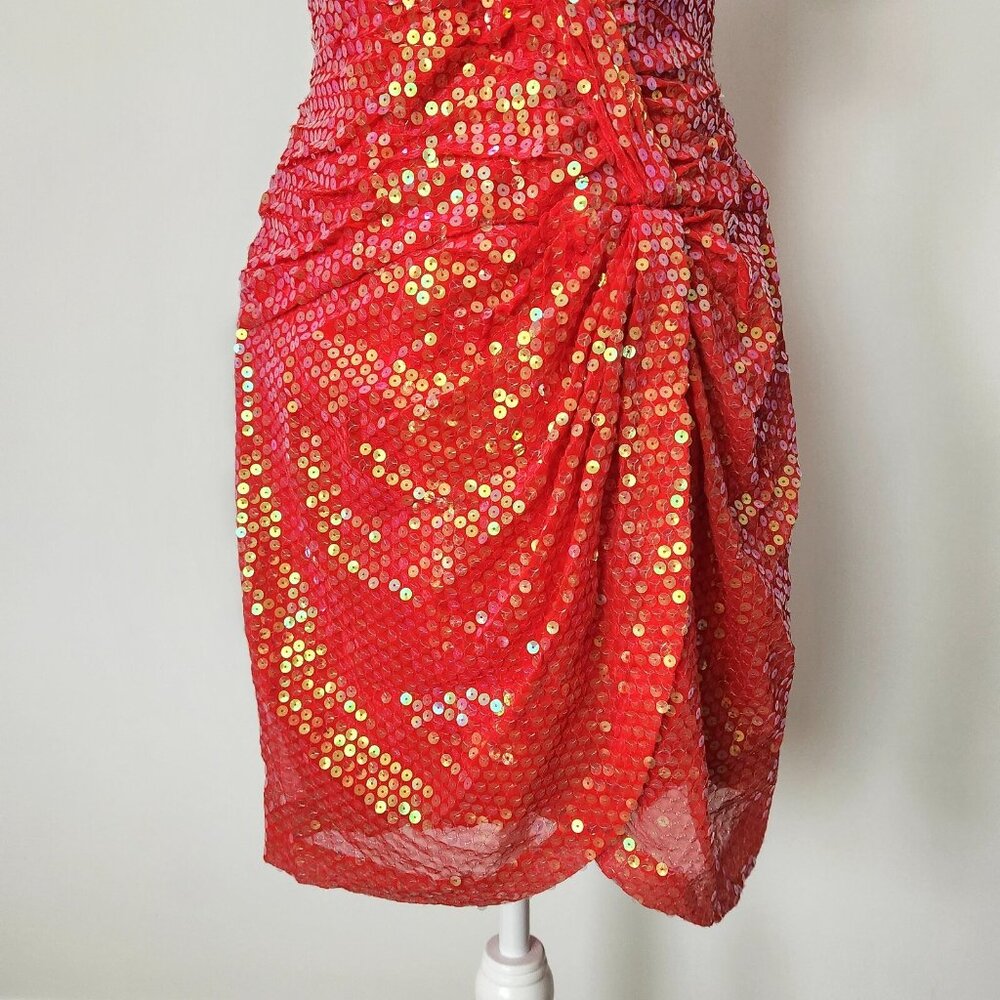 Vtg 90s Vicky Tiel Red Sequin Dress Sz‎ 44 Paris Couture Off Shoulder Cocktail - Picture 3 of 16